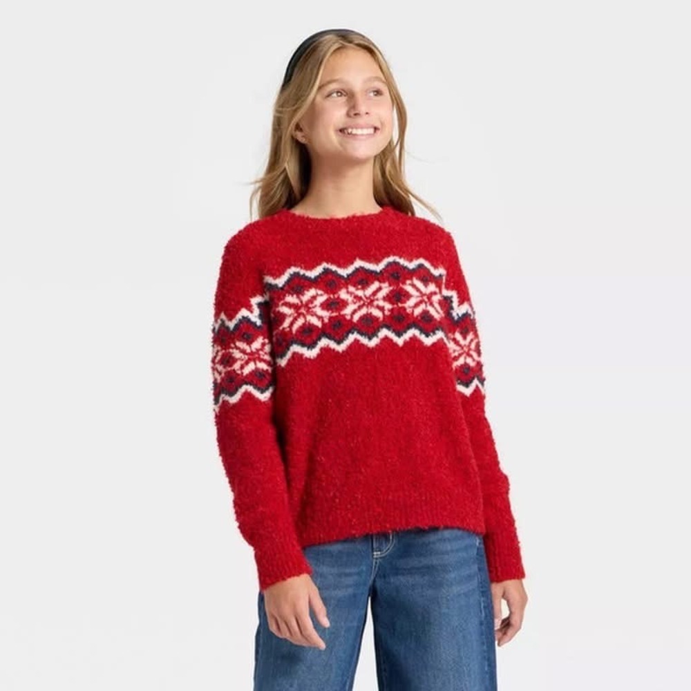 Art Class Girls Red Fair Isle Eyelash Sweater Snowflake Holiday Pullover L 10/12